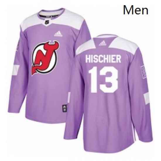 Mens Adidas New Jersey Devils 13 Nico Hischier Authentic Purple Fights Cancer Practice NHL Jersey